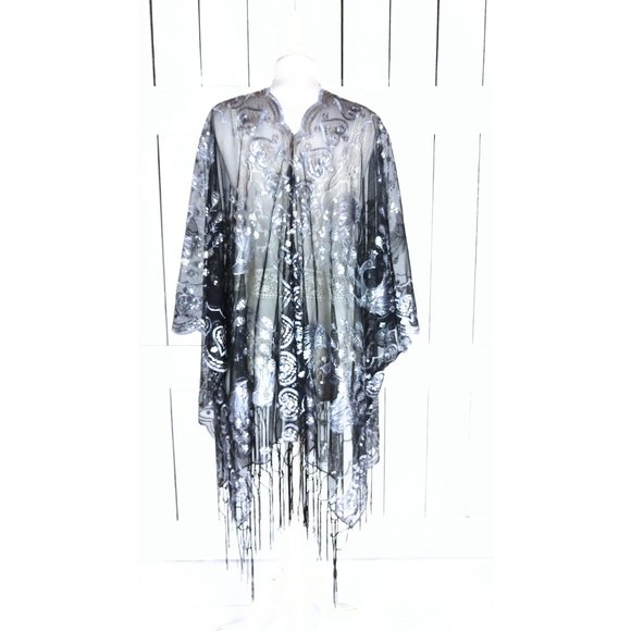 Sheer black net metallic silver sequin peacock fringe gypsy festival kimono/bead - Picture 5 of 5